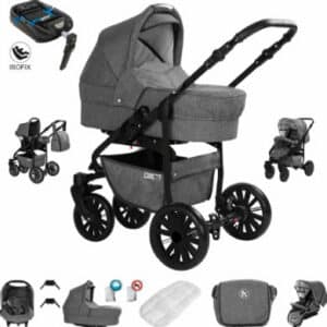 Friedrich Hugo Berlin / 4 in 1 Kombi Kinderwagen + ISOFIX / Luftreifen Grey and Grey Night