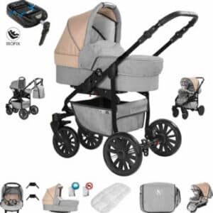 Friedrich Hugo Berlin / 4 in 1 Kombi Kinderwagen + ISOFIX / Luftreifen Light Grey and Beige Night