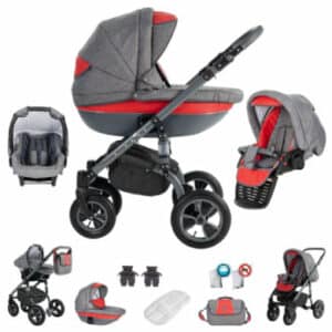 Friedrich Hugo Greyline / 3 in 1 Kombi Kinderwagen Komplettset / Luftreifen Red