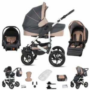 Friedrich Hugo Hamburg / 3 in 1 Kombi Kinderwagen Komplettset / Luftreifen Grey & Beige