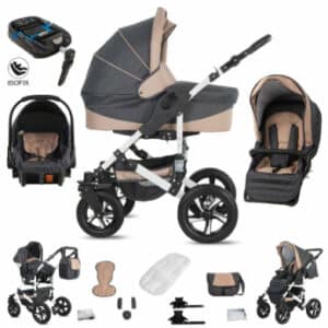 Friedrich Hugo Hamburg / 4 in 1 Kombi Kinderwagen + ISOFIX / Hartgummireifen Grey & Beige