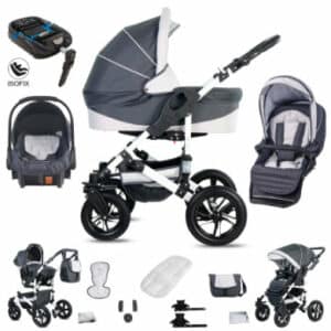 Friedrich Hugo Hamburg / 4 in 1 Kombi Kinderwagen + ISOFIX / Hartgummireifen Grey & White