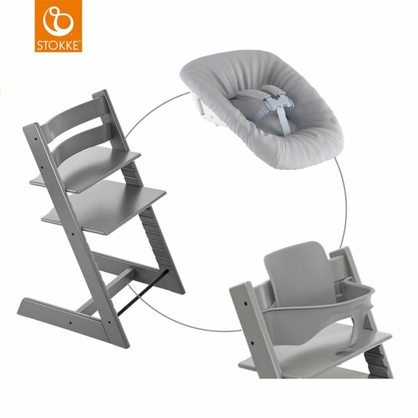 STOKKE® Mega Tripp Trapp® Set Hochstuhl Buche Storm Grey inkl. Newborn Set™ Grey und Baby Set weiß