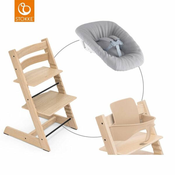 STOKKE® Mega Tripp Trapp® Set Hochstuhl Oak natur inkl. Newborn Set™ Grey und Baby Set natur